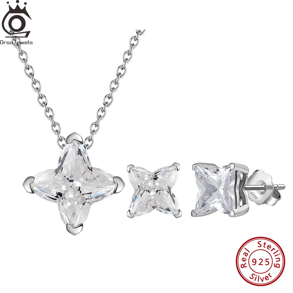 ORSA JEWELS Star Stud Earrings Pendant Necklace Full Zirconia Soild 925 Silver Cute Earrings Engagement CZ Fine Jewelry LZE43