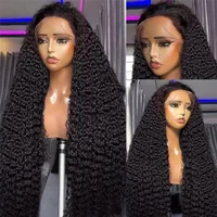 Perruque en cheveux humains vierges Jerry Curly de 34 pouces, noir naturel, perruque frontale en dentelle HD transparente 13x4, pré-coupée avec ligne de cheveux naturelle 4