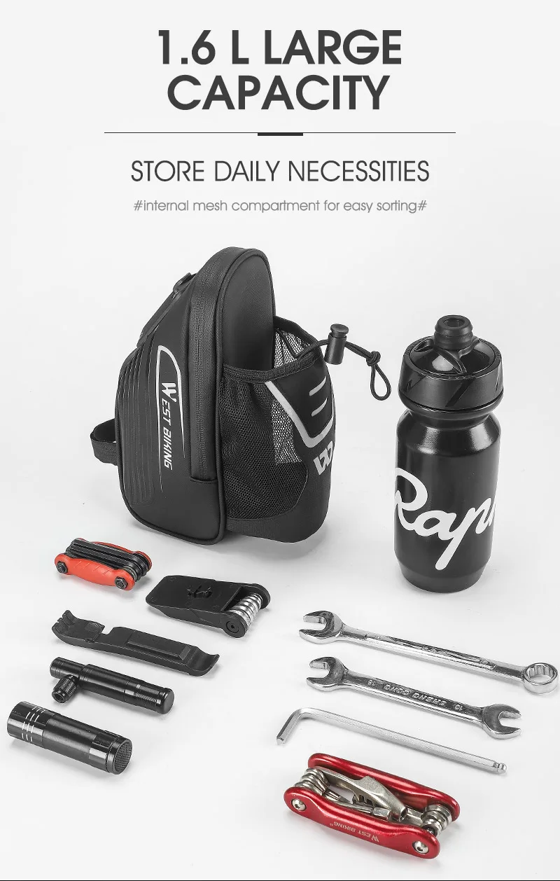 West Biking 1,6 l Fahrrad Heck tasche mit Wasser flasche Tasche Fahrrad taschen MTB Road Sattel Sattelstütze Doppel reiß verschluss Fahrrad Heck taschen – Detail 8