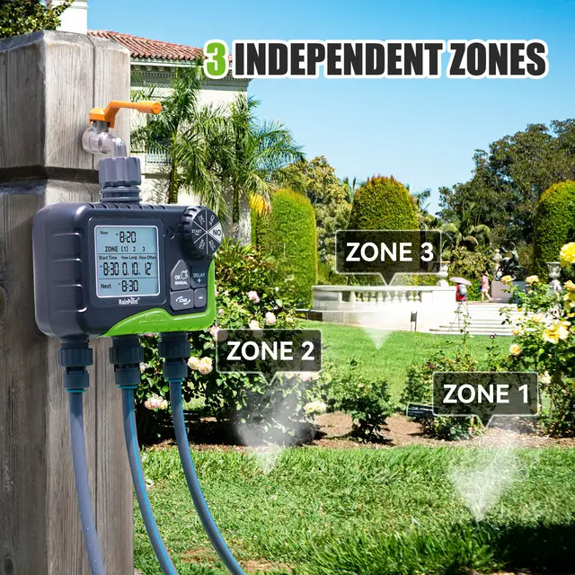 RainPoint Garden Water Timer 3 Zone Programmable Automatic Irrigation Timer With Rain Delay Manual/Auto Mode Watering 2
