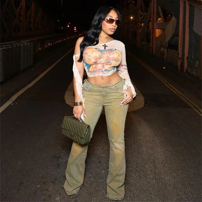 

Mesh Digital Print Off Shoulder Slim Fit Crop Top Women 2024 New Spring Fashion Lace Up Single Sleeve Ruffles Tees Streetwear