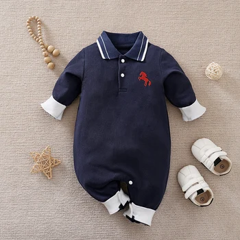 Spring And Autumn Boys And Girls' Literary Style Pony Embroidered Cotton Comfortable Long Sleeve Baby Bodysuit 1
