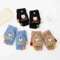 5-12Y Cute Children Gloves Winter Autumn Half Finger Flip Cover Warm Boy Girl Mittens Cartoon ultraman Kids Cycling Gloves 1