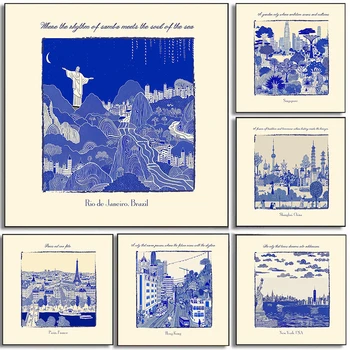 Edificio blu Semplicità Viaggio San Francisco New York Roma Shanghai Poster Dipinti su tela Immagini di arte della parete Decorazioni per la casa Regali