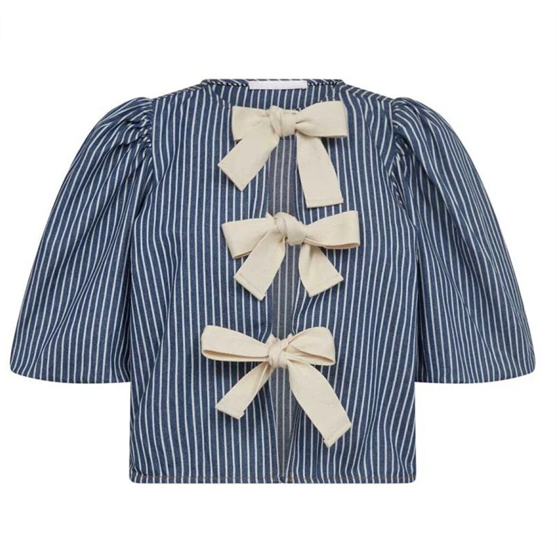 Camisa Peplum para mujer Y2K, ropa a rayas con cuello redondo y media manga abullonada, blusa con lazo frontal, ropa elegante para mujer, ropa de calle