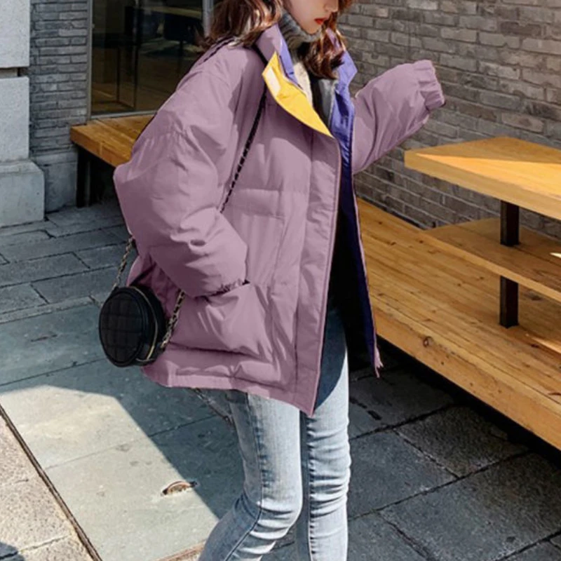 Women Winter Fashion Bubble Coats Jackets Cotton Padded Bread Coat Fake Two Stand Collar Thickened Loose Black Warm Streetwear