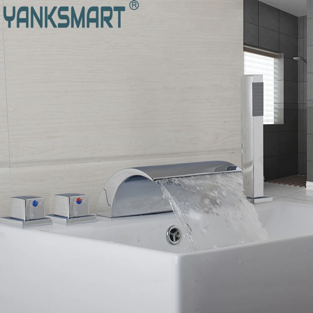 YANKSMART Chrome Polished Waterfall Bathtub Faucet 5pc Widespread Deck Mounted Shower Bathroom Bath Tub Sink Mixer Water Tap Set