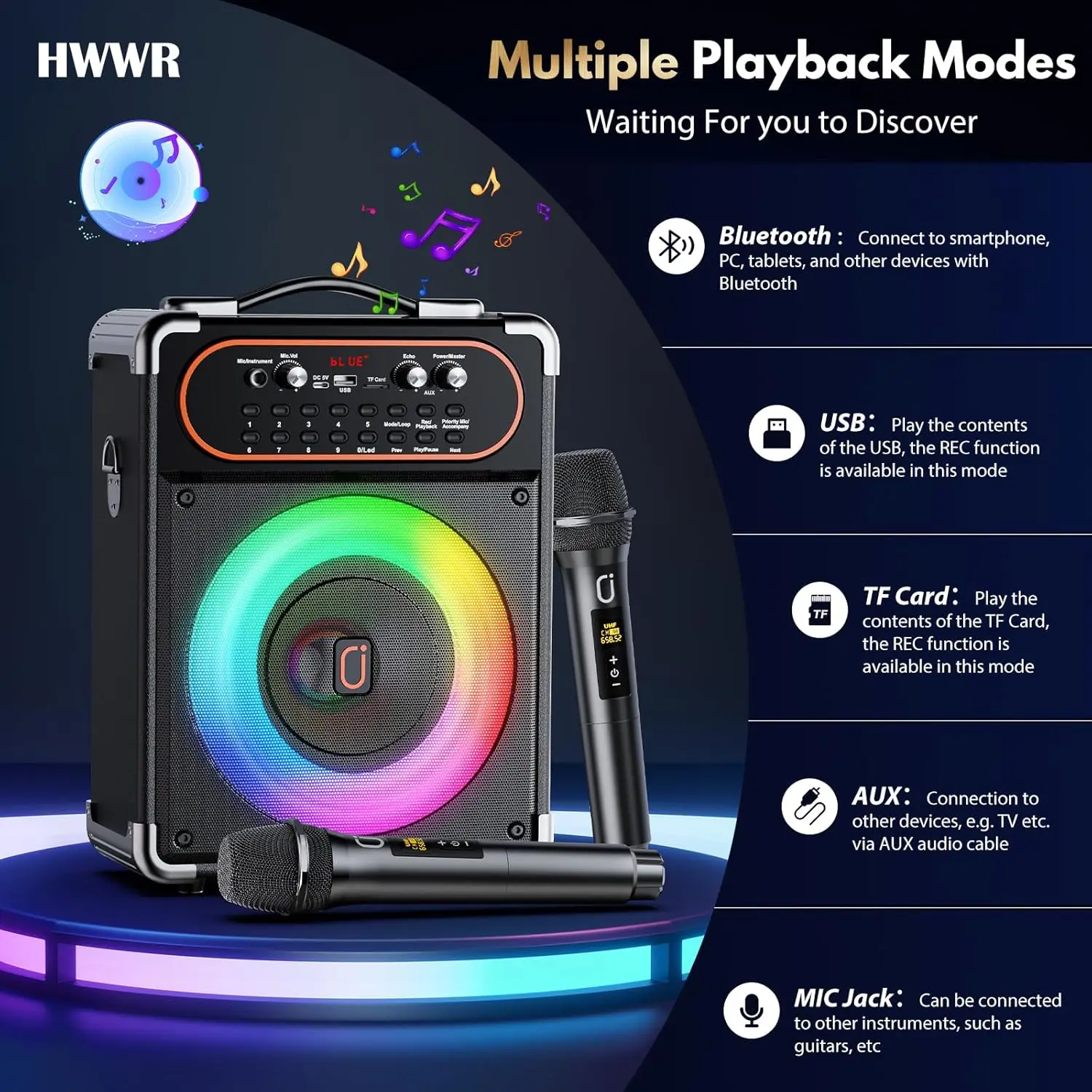 S68 Kara Ok with 2 Microphones, Portable Bluetooth 5.3 Kara Ok Speaker, Suitable for Outdoor Activities, Parties and Parties, Pa Systems, Adult Echo Adjustment, Supports Tv through Auxiliary Connection