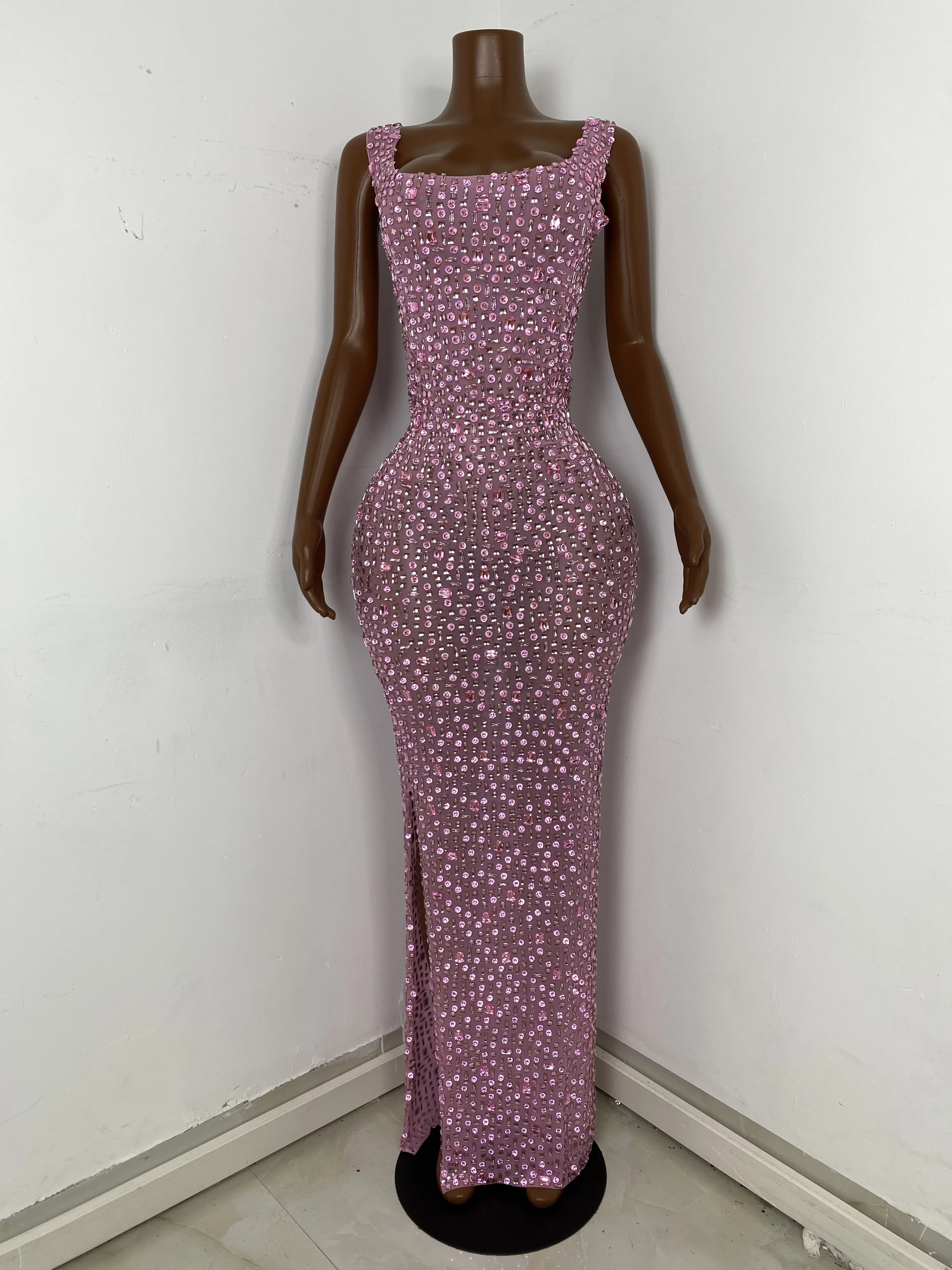 Women Summer Sexy Tank Pink Diamonds Bodycon Maxi Long Dress Party Costume  Bar Nightclub Stage Performance Clothing - AliExpress 200000345