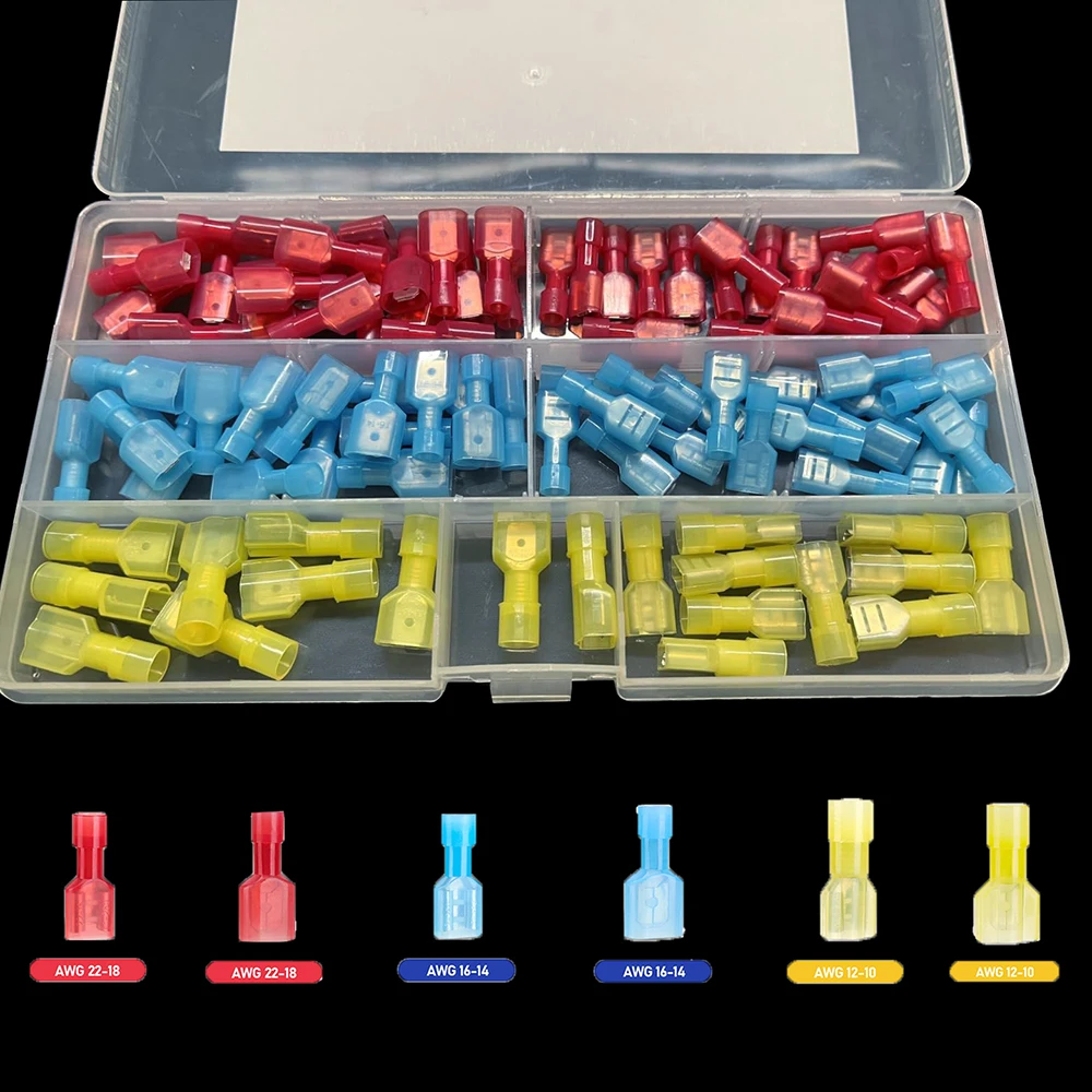 100Pcs Nylon Spade Quick Disconnect Connectors Kit, Male Female Spade Wire Crimp Terminal Kit Electrical Insulated Terminals