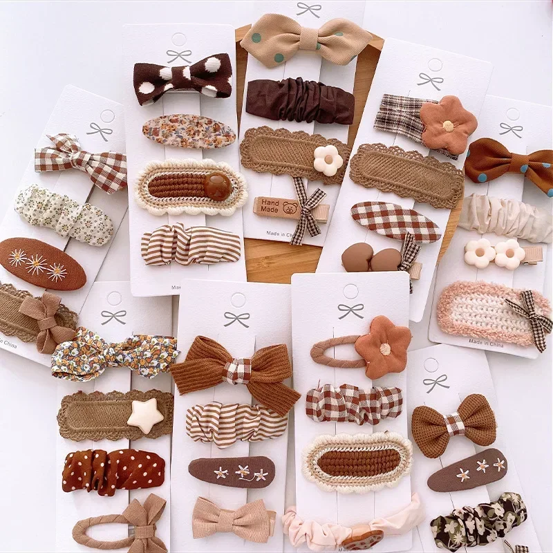4/8pcs Korean Coffee Color Hair Pin Bow Knit Fabric Princess Hair Clips for Children Baby Girls Headwear Kids Hair Accessories 3