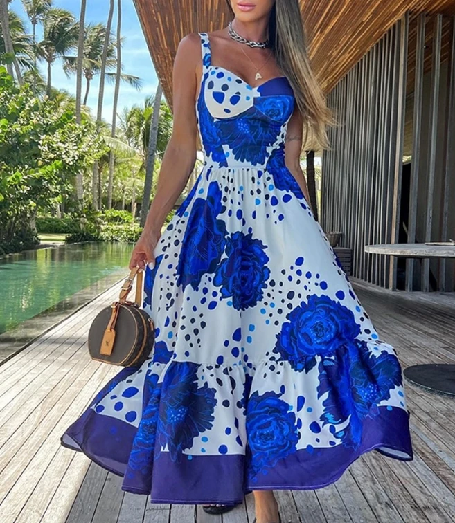 

Womens Dresses 2024 Summer Fashion Floral Print Sleeveless Casual V-Neck Thick Strap Ruched Vacation A Line Maxi Dress