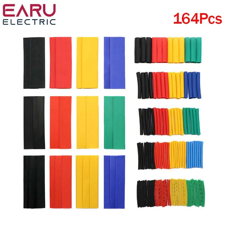  164Pcs Set Polyolefin Shrinking Assorted 2:1 Heat Shrink Tube Wire Cable Insulated Sleeving Tubing Set 