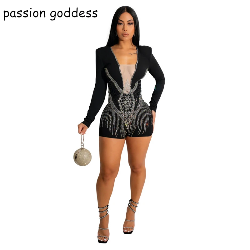 

Autumn Long Sleeve Bodycon Fashion Sexy Playsuits for Women Black Diamonds Mesh Patchwork One Piece Jumpsuits 2022 Party Rompers