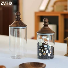 

Coffee Bean Glass Storage Pot Wooden Lid Sealed Storage Jar Grain Dispenser Supplies Kitchen Decor Jars For Spices Modern Home