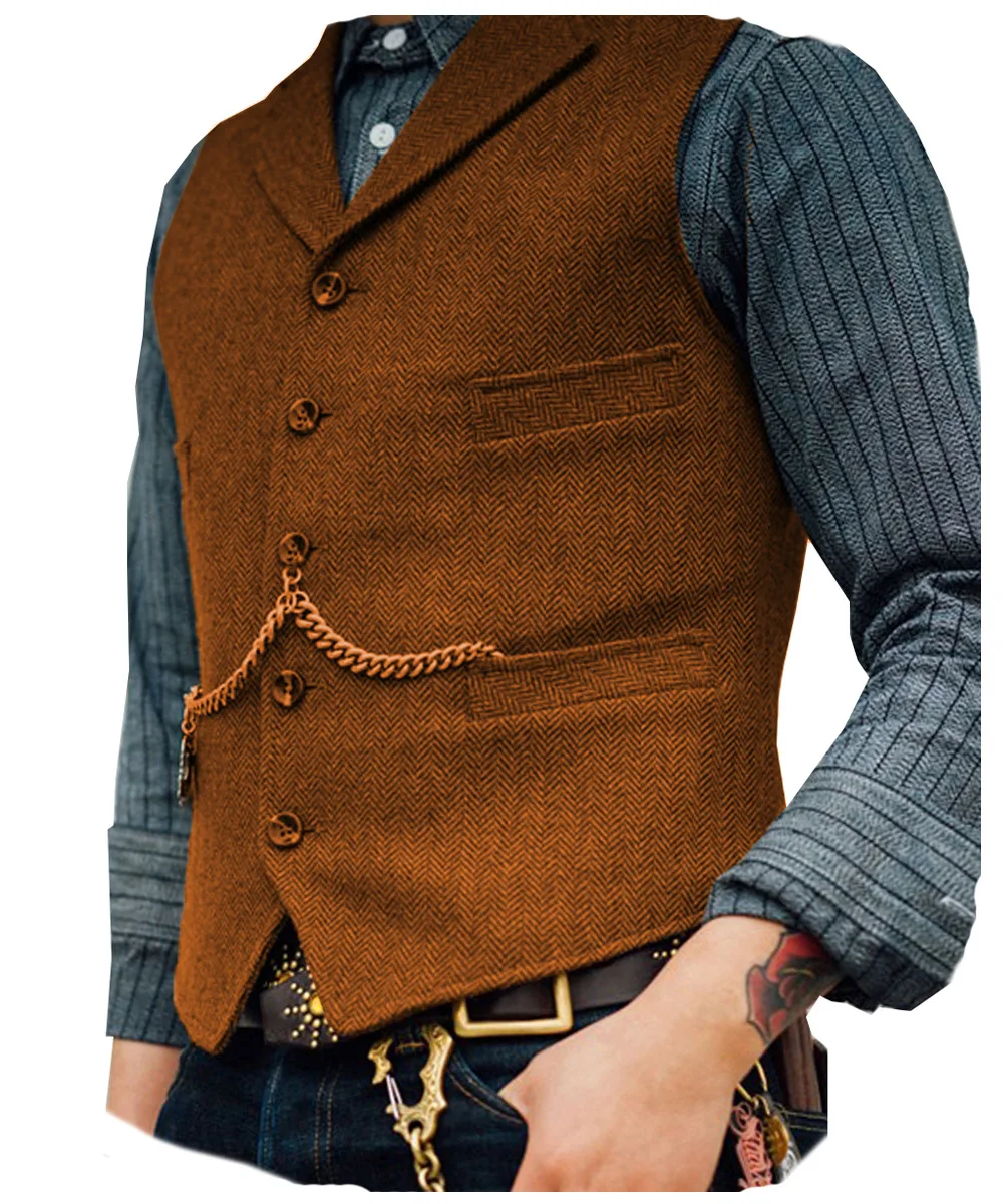 Business Waistcoat Jacket Casual Slim Fit Gilet Homme Vests for Groosmen Man Wedding Men's Suit Vest Brown Wedding Wool Tweed 5