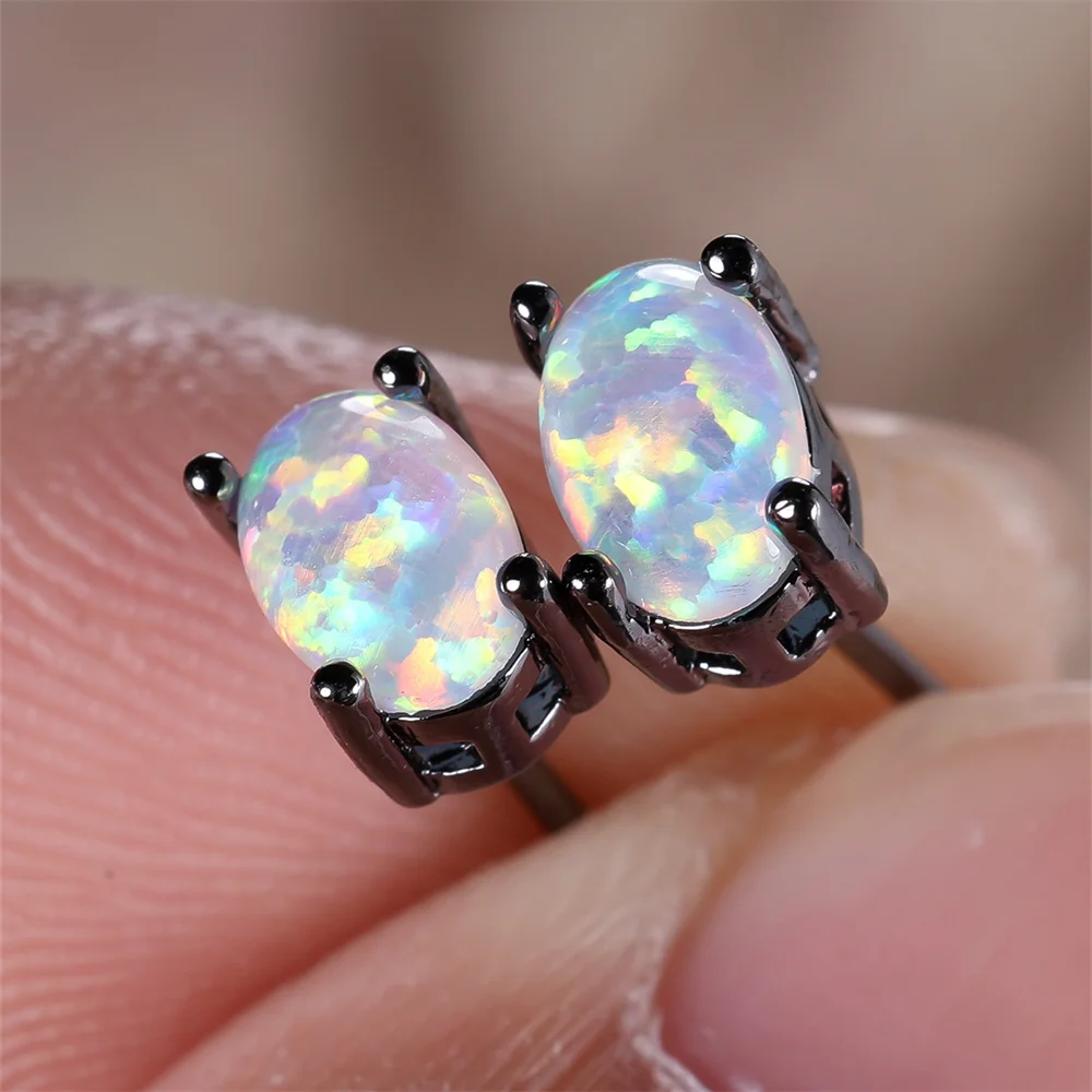 White Blue Fire Opal Small Oval Stone Stud Earrings For Women Vintage Black Metal Wedding Jewelry Minimalist Engagement Gifts