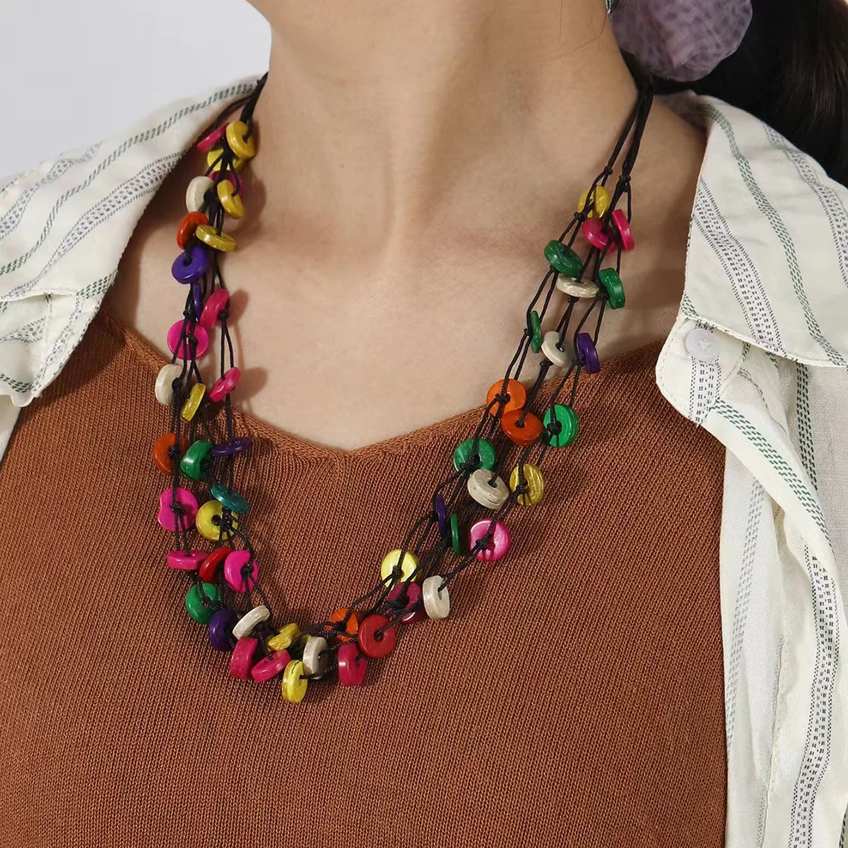 

Necklace ethnic style European and American long multi-layer colored coconut shell wood beads retro necklace bohemian style