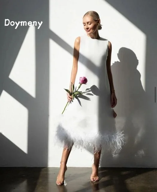 

Doymeny Saudi Arabia A-line Prom Dresses Sleeveless O Neck Satin with Feather Tea Length Straight Formal Evening Gowns
