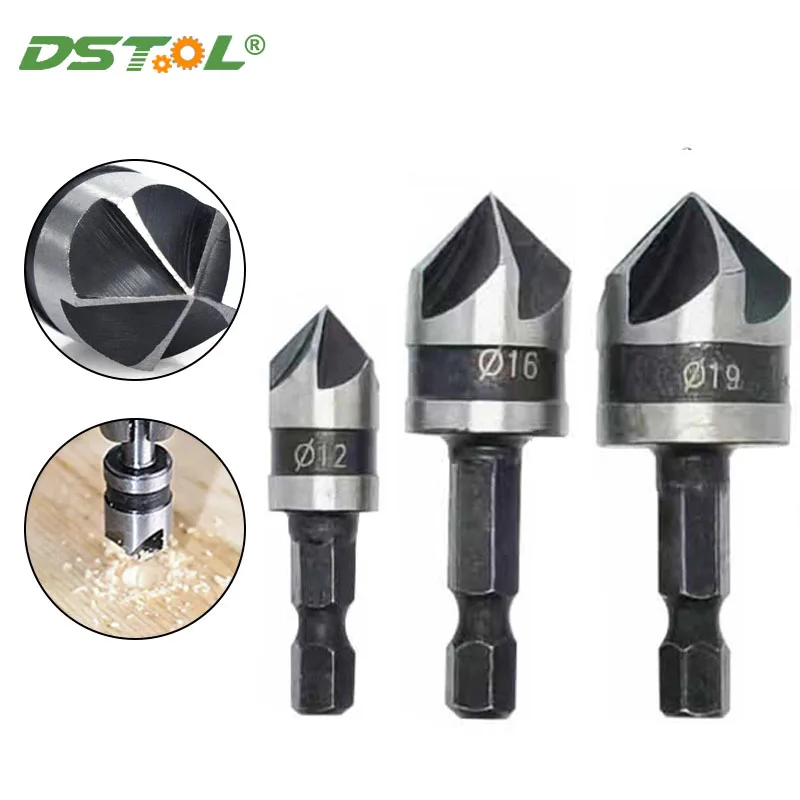 3Pcs/Set Woodworking Chamfer Counter Sink Chamfering Debur Countersink 90 Degree 1/4 Hex Shank Drill Bit 5 Flute 12mm 16mm 19mm