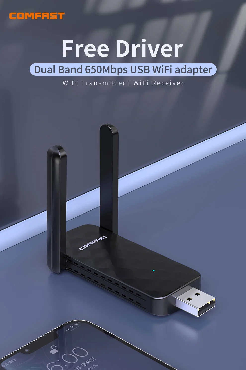 Adaptateur Wifi USB 650mbps 2.4GHz + 5GHz pour touristes, bande avec  divulguer 3dBi, pilote gratuit, carte réseau sans fil, dongle PC Win10/11 -  AliExpress