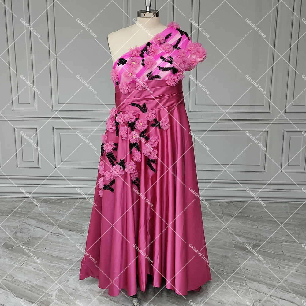 

One Shoulder Ruched Satin Hot Pink Engagement Photos Dress Custom Made A Line 3D Flowers Fairy Bow Real Pictures Bridal Gowns