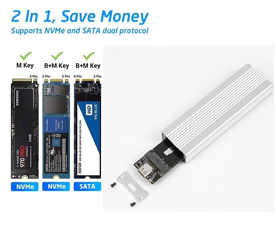 알루미늄 합금 M.2 HDD 인클로저 케이스 하드 드라이브 박스 B-KEY 외장 하드 드라이브 박스 USB C 인터페이스 SATA 및 NVME 프로토콜 지원