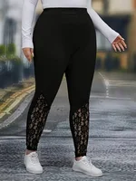 GIBSIE Plus Size Women's Fashion Contrast Lace Black Leggings New Spring Fall High Waist Elastic Casual Skinny Leggings Female - Image 3