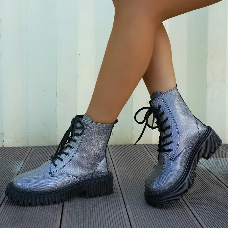 Fashion PU Square Heel  Ankle Boots 2023 Autumn New Shoes Female Lace-up Round Toe Low Heel Solid Women's Boots  Women Shoes