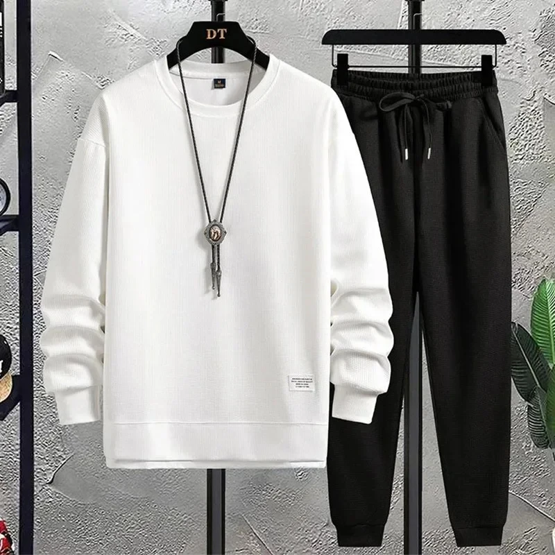 Spring and Autumn Fashion New Men's Brand Round Neck Hong Kong Style Waffle Set Casual and Handsome Sports Two Piece Se