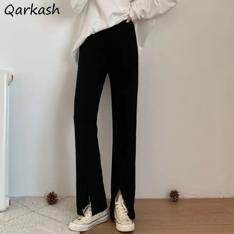 

Женские Простые брюки, черные повседневные брюки с разрезом, облегающие базовые брюки с напуском для женщин, прямые Студенческие Брюки, новинка 2021