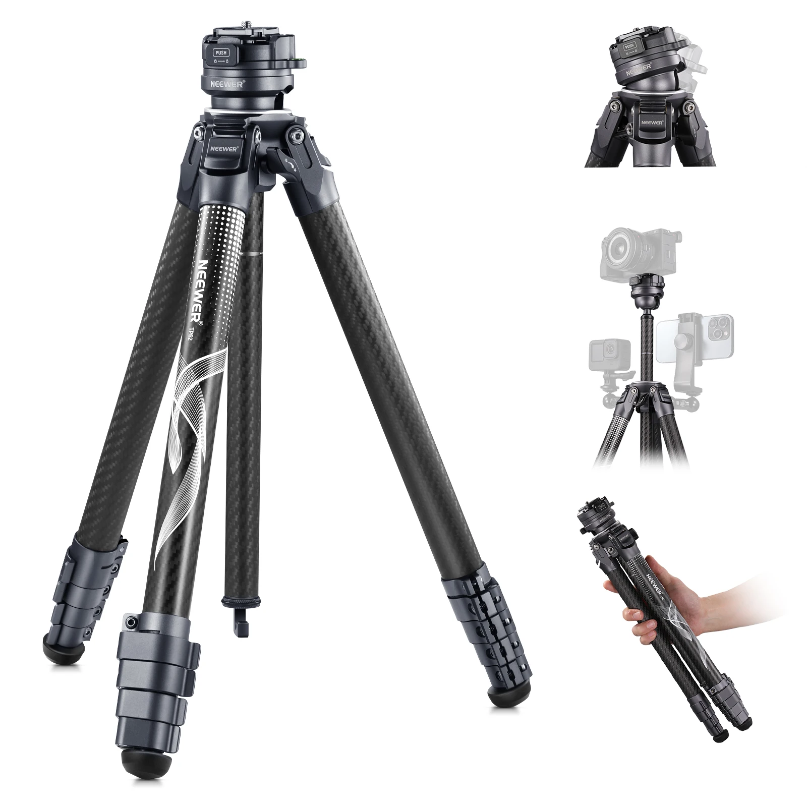 

NEEWER 62" Travel Tripod Carbon Fiber with ±15° Leveling 360° Panorama Head, Detachable Center Axis, Fast Flip Buckle, Arca QR