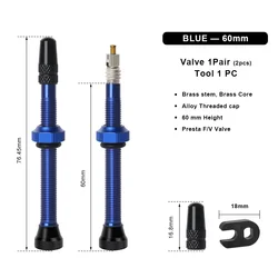 Premium CNC Machined Anodized Tubeless Bicycle Tire Valves - Presta (Blue 60mm)
