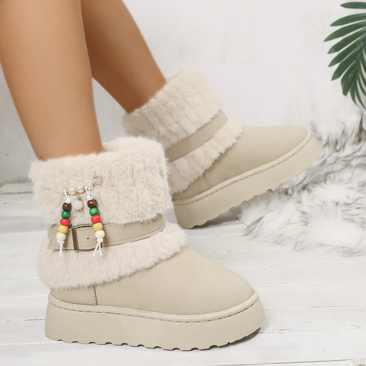 2025 Winter Fashion Faux Fur Non Slip Snow Boots Women Colorful Bead Decoration Thick Bottom Boots Short Plush Ankle Booties