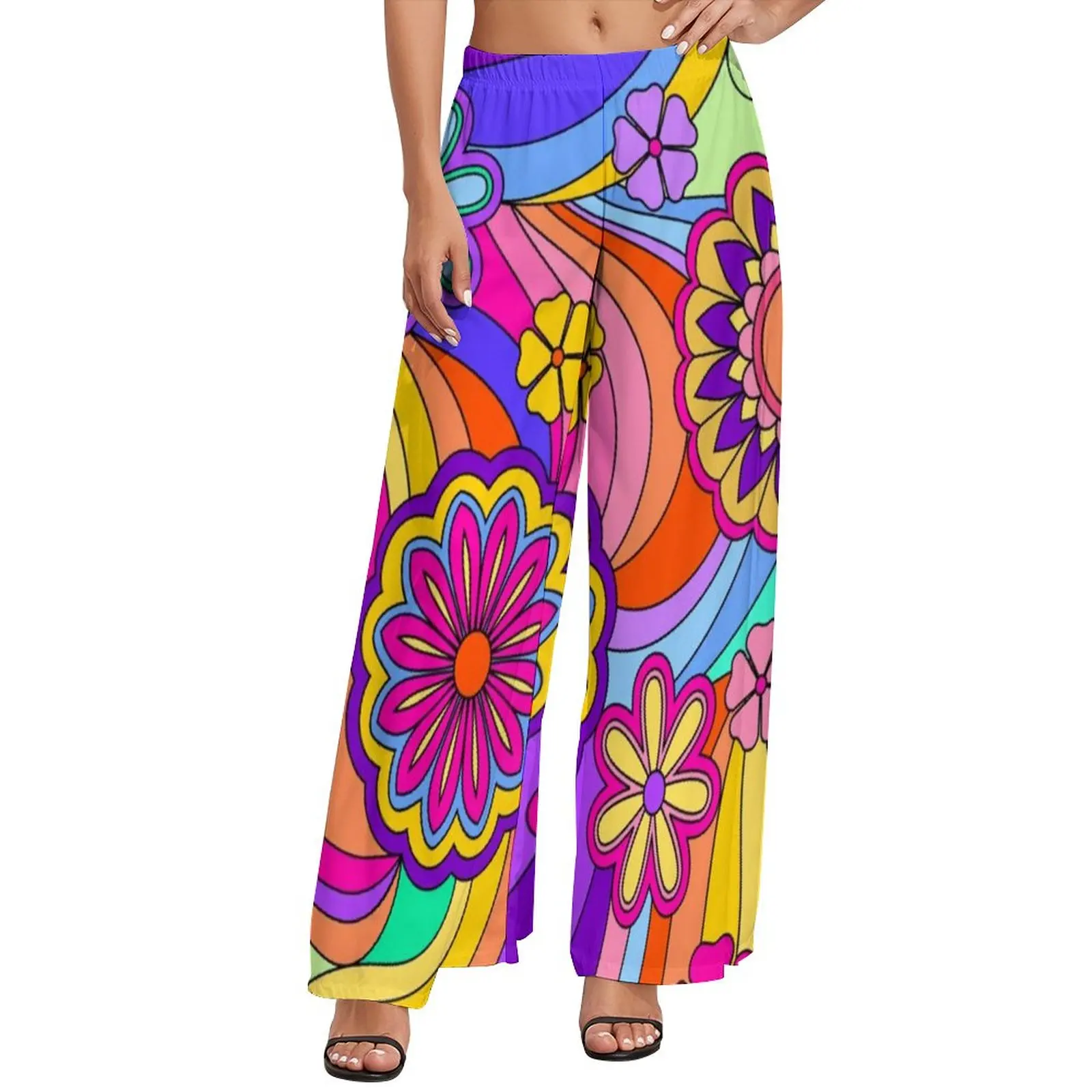 【THEAIRTOWN】Flower Punching Waist Drawstring Wide Pants ★ Colorful Flower Power Pants Vintage Hippy Print Casual Wide