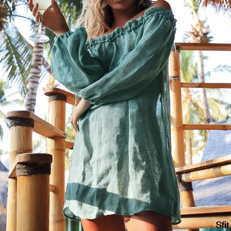 2024 Cover-ups Long Sleeve Beach Dress Cover Up White Swim Indie Cotton Beachwear Bikini Women Off Shoulder Cover Up Tunic New