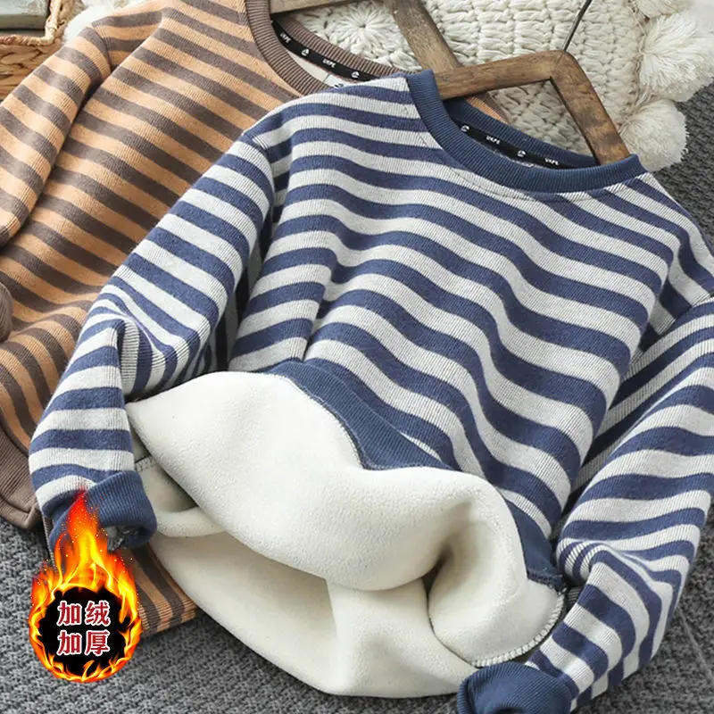 Kids Sweater Boys Fleece-lined sweater Stripe Thickening warm Bottoming shirt Long-sleeved top