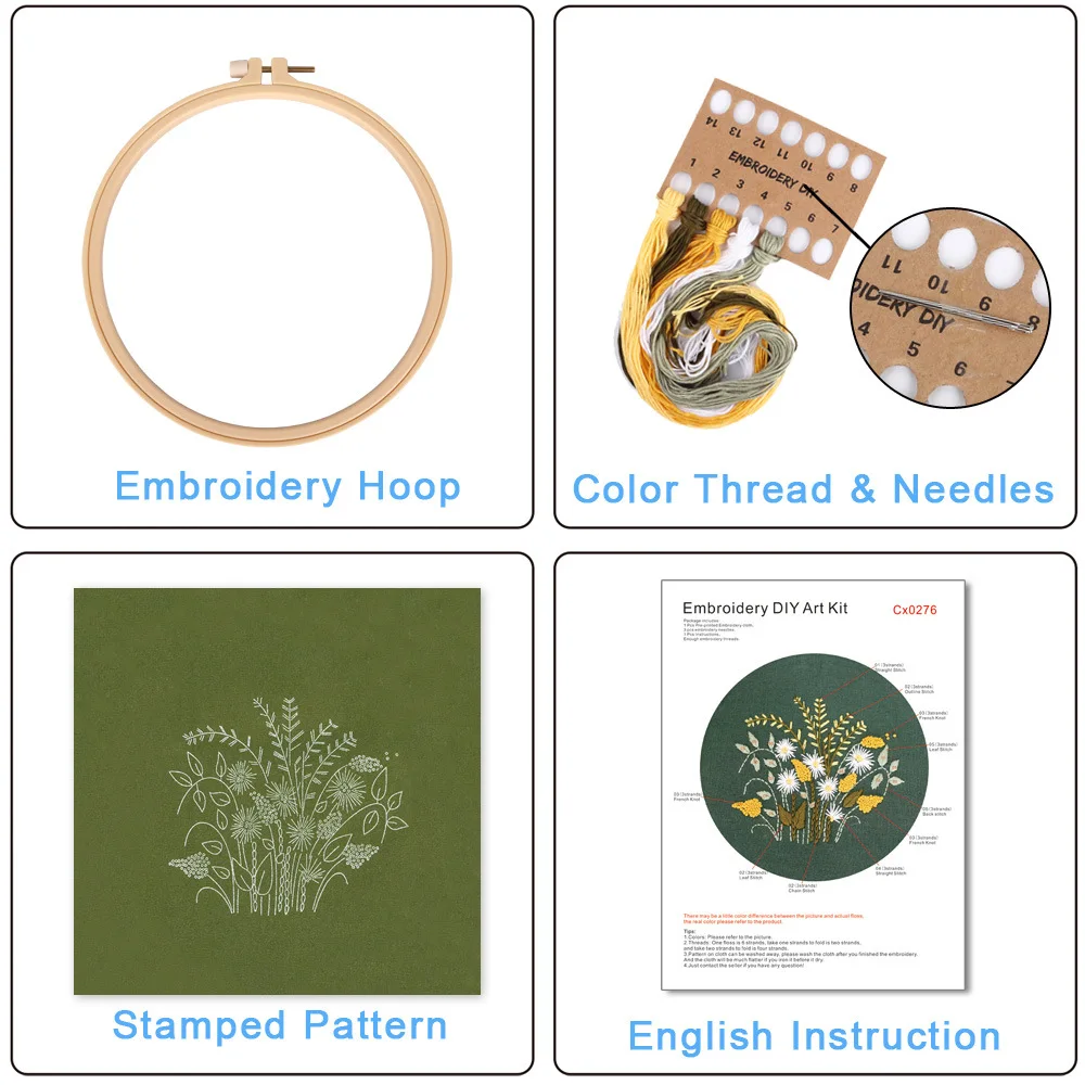 Embroidery Starter Kit for Beginners, Dandelion Pattern Cross Stitch Kits for Adults, Green Fabric with Hand Embroidery Kits