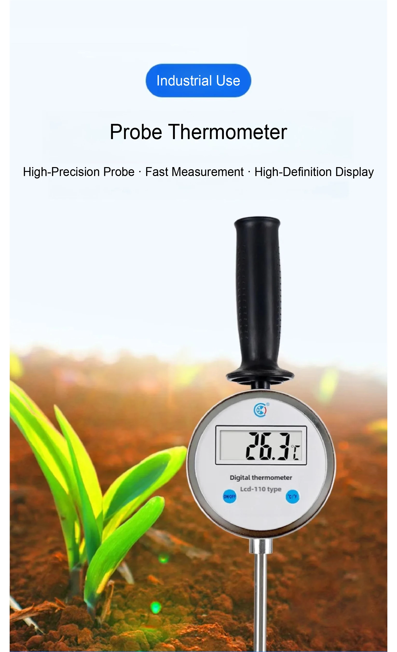 Handheld Digital Thermometer with Pointed Stainless Steel Probe –50 to 200℃ for
