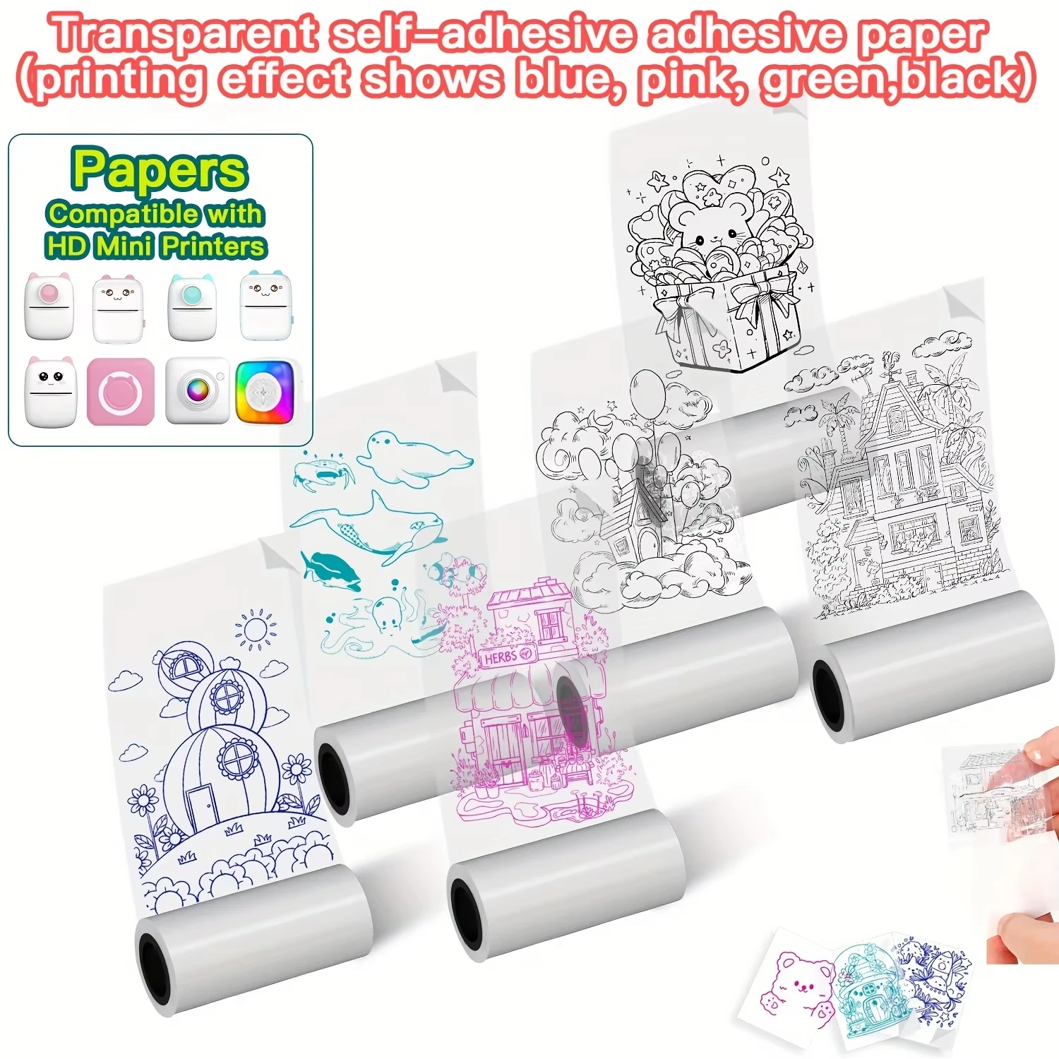 미니 프린터용 생생한 투명 필름, 저널에 적합한 열전사 용지, 휴대용 디자인, 다채로운 패턴 미니 프린터