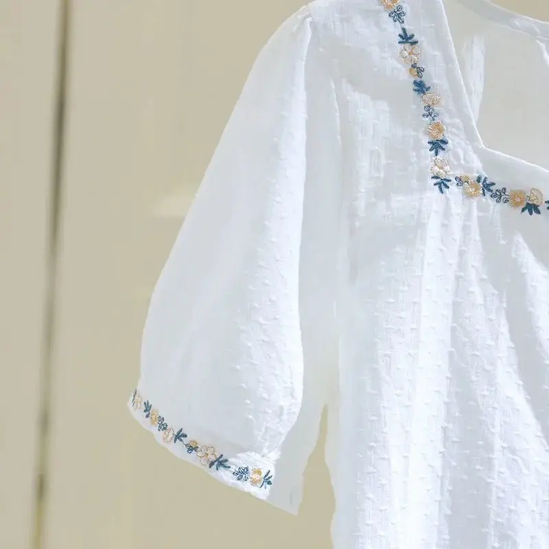 여성용 스퀘어 칼라 블라우스 셔츠, 반팔 2024, 루즈한 자수 탑, 여름