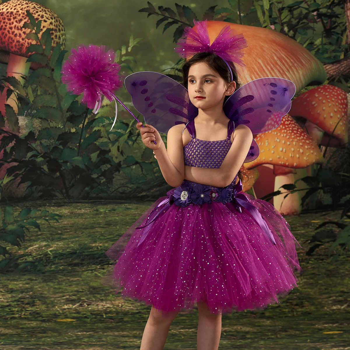 Girl Purple Butterfly Fairy Tutu Dress Sparkly Kids Flower Princess