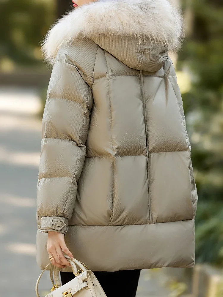 Vimly Winter Fur Collar Hooded Puffer Down Jacket for Women 2023 Warmth Zip-up White Duck Down Long Coats Female Outerwear 50336