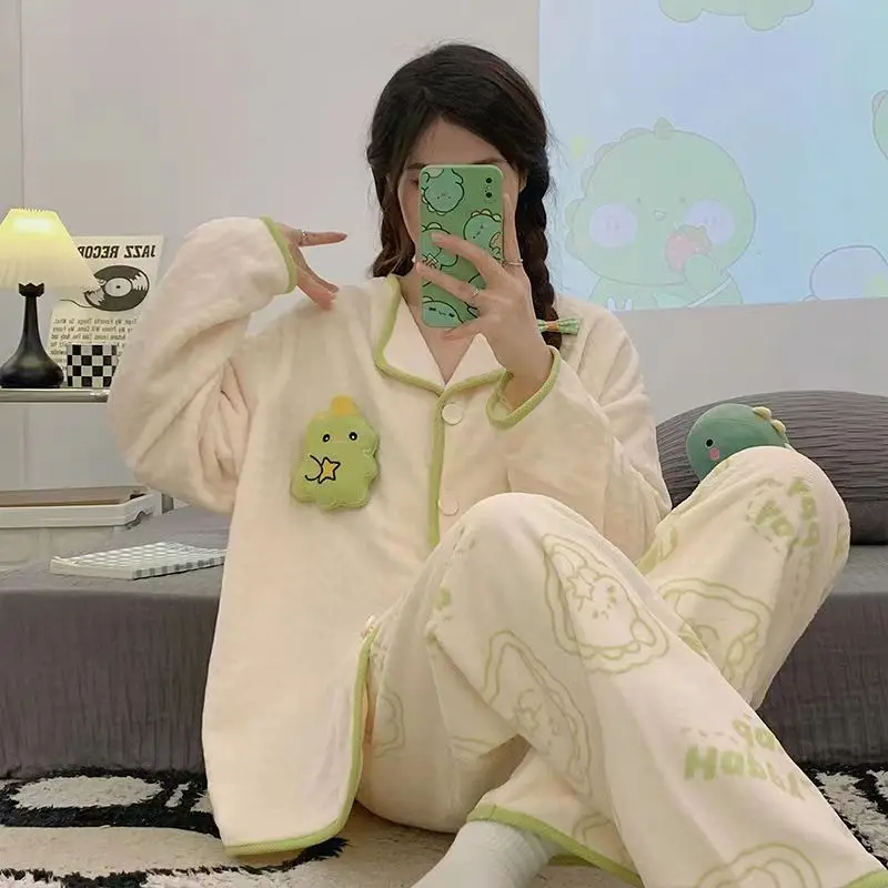New Fashion Winter Pyjama for Ladies Girls Kawaii Cute Pajamas Set Sleepwear Women Flannel Light Home Clothing Cartoon Dinosaur