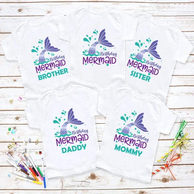 

Matching Family Outfits For Birthday Mermaid Theme Birthday Girl T-shirts Party Present Baby Girls Clothes Father Mother Kids