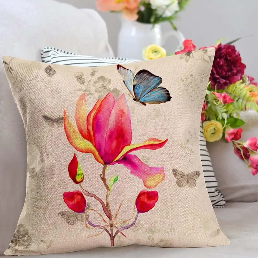 

Retro Tulip Flower Plant Pillow Cover Cushion Cover Linen Home Sofa Decorative Pillowcase 45x45 pillow case