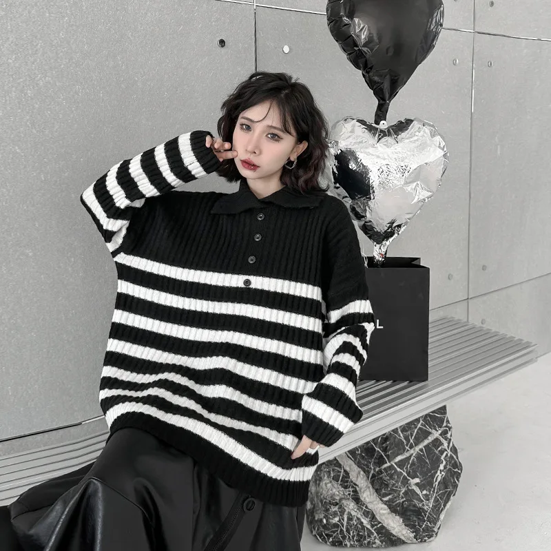 

2023 Autumn Winter Oversize Woman Sweater Casual Pullover Loose Plus Size Black White Striped Turtleneck Knitting Tops For Women