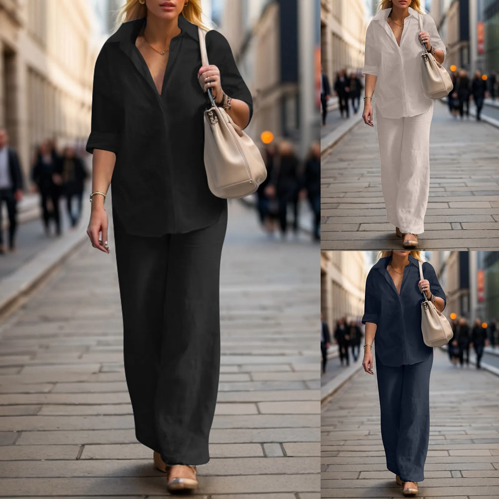 Women Cotton Linen Pants Suit Long Sleeve Shirt Casual Wide-leg Pants Set Outfits Female Casual Elegant Gym 2 Piece Pants Suit