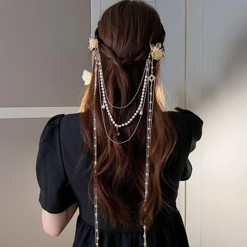 Neue Chinesische Stil Strass Blume Haar Clips Imitation Perle Lange Quaste Haarnadeln Original Entenschnabel Clip Hanfu Zubehör – Detail 6