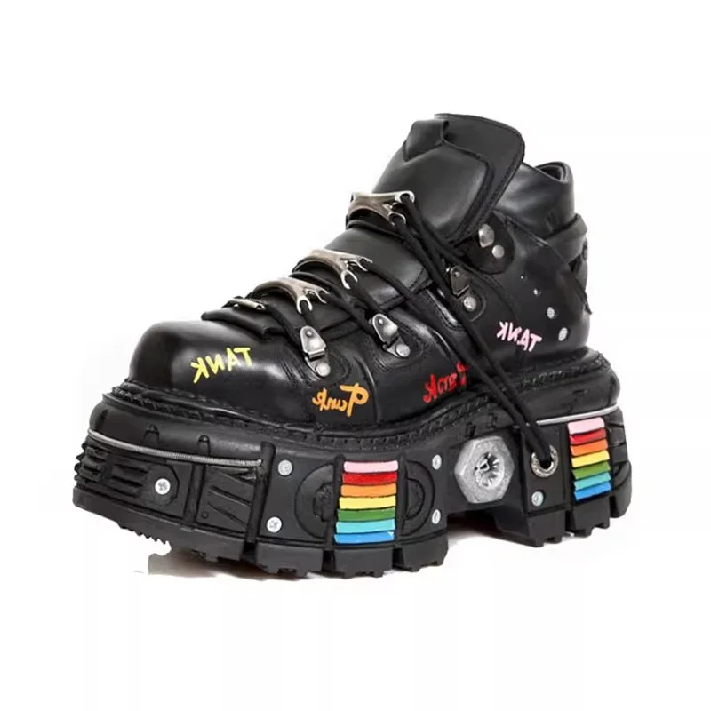 남성용 펑크 발목 오토바이 부츠, 스페인 탱크 메탈 하이탑 플랫폼, 여성용  가죽, INS 스트리트 그런지 슈즈, 신상 패션